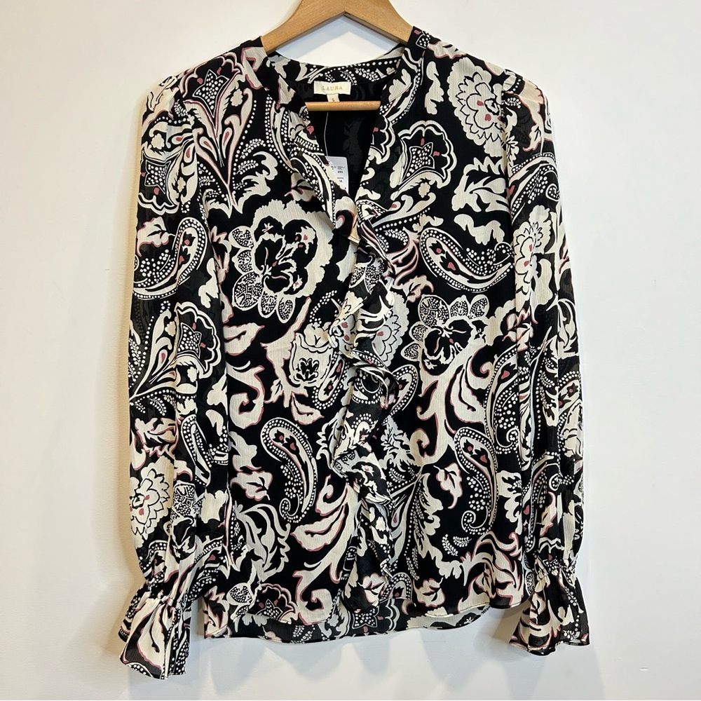 Laura Paisley Print Ruffle Front Blouse Black White Pattern - Picture 7 of 13